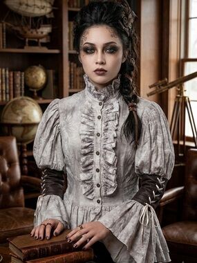 Victorian-Inspired Ruffled High-Collar Blouse in Light Gray